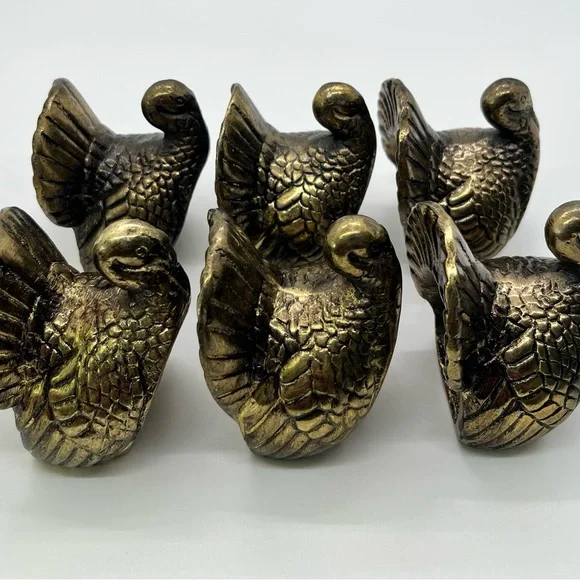 Set of 6 Vintage Brass Thanksgiving Turkey Napkin Rings Fall Harvest - Picture 1 of 4